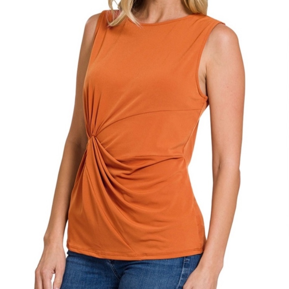 🟠NEW! ZENANA Knot-Front Sleeveless Top in Almond